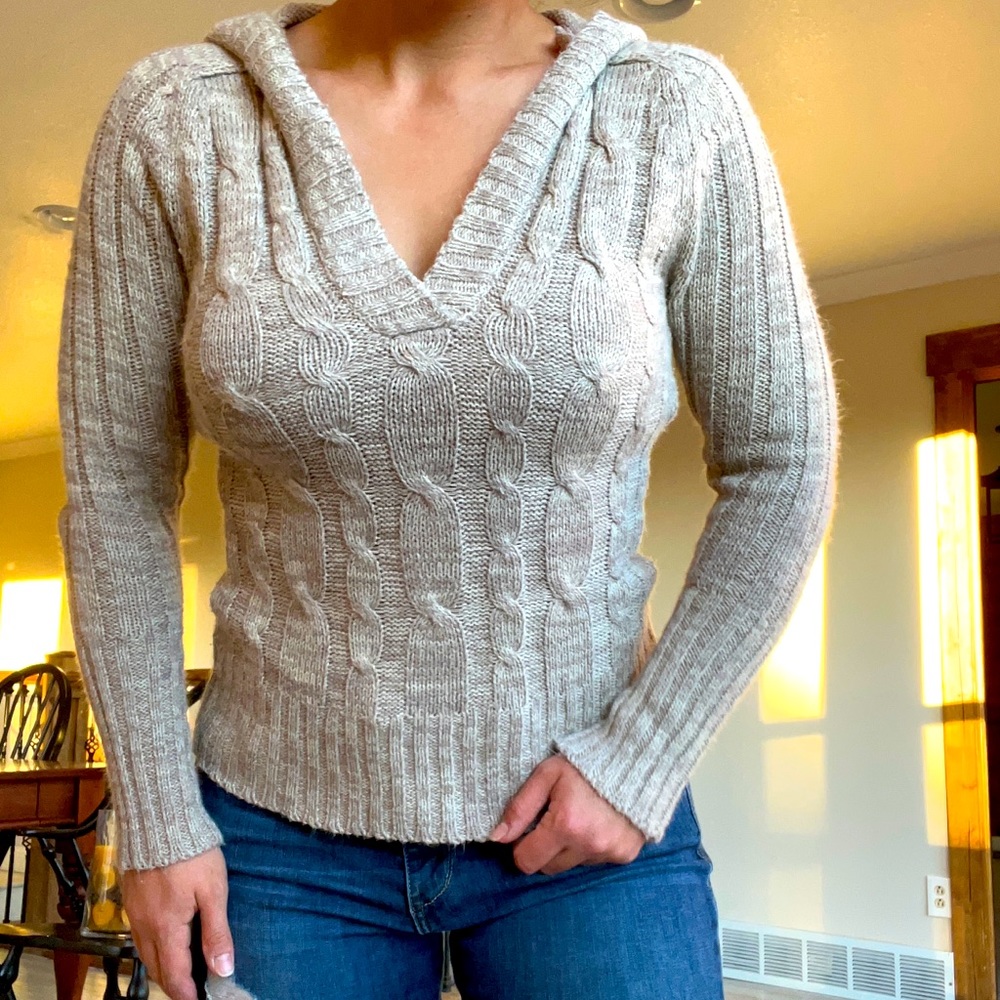 beige v-neck hooded sweater